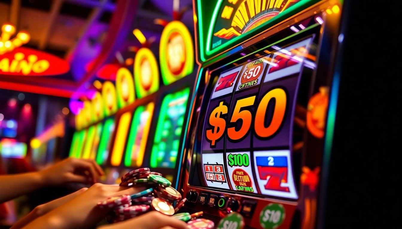 Slot bet 50 paling menguntungkan di mesin slot dengan suasana kasino yang meriah.