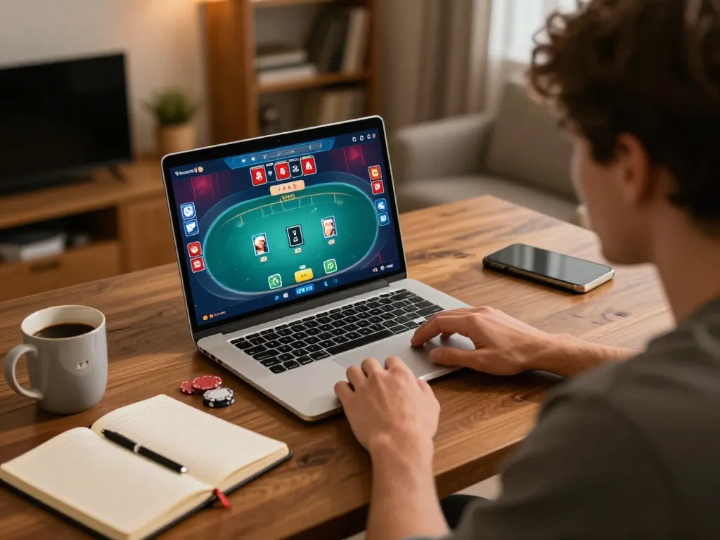 Engaging in a spirited online poker game with giường bệnh nhân strategy notes on the table.
