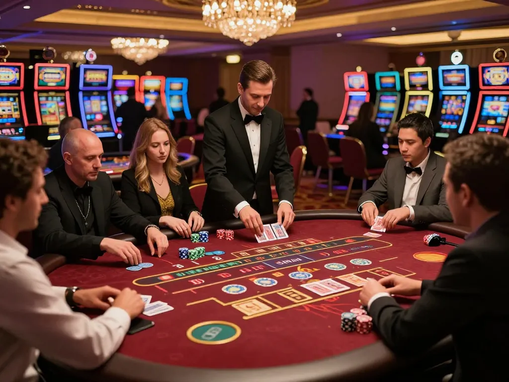 Players at a baccarat table strategizing their bets at MB88 casino surrounded by luxury decor.