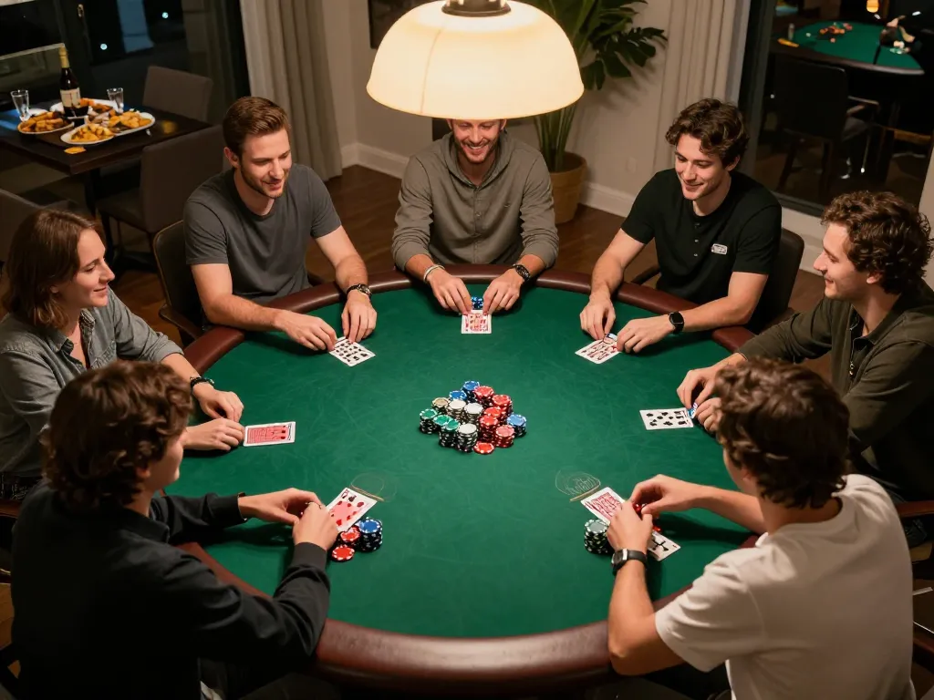 Engaged players at a home poker night strategizing their game at the best widget store