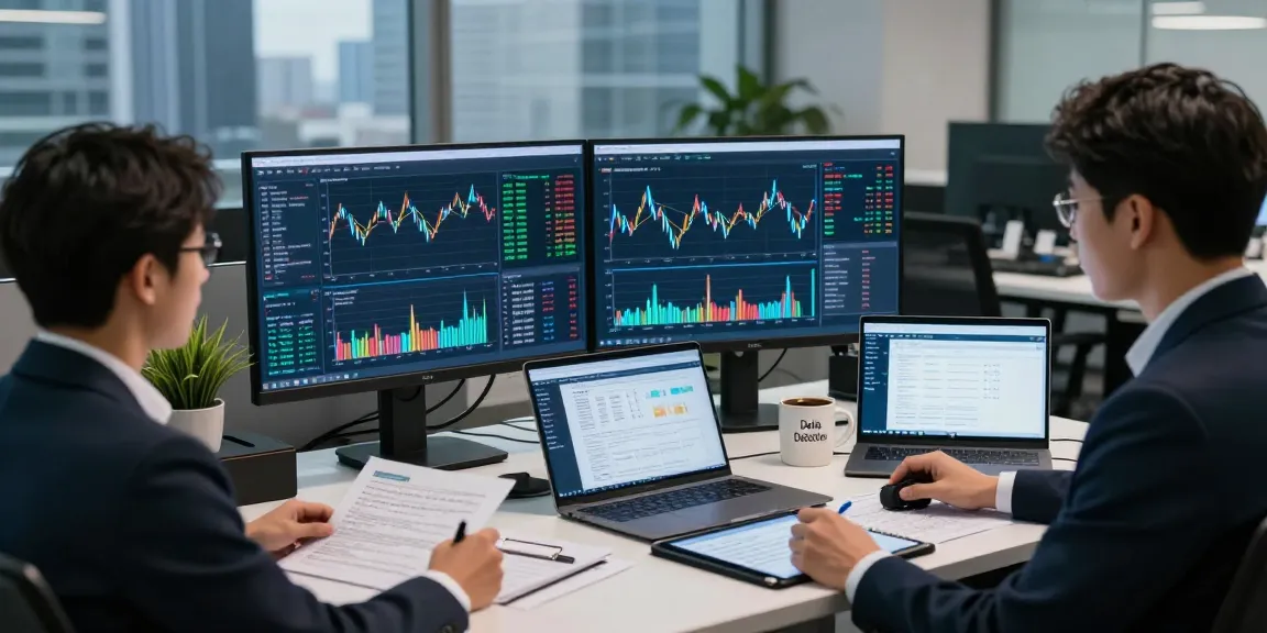 Expert financial crime intelligence analyst reviewing data insights in a corporate office.
