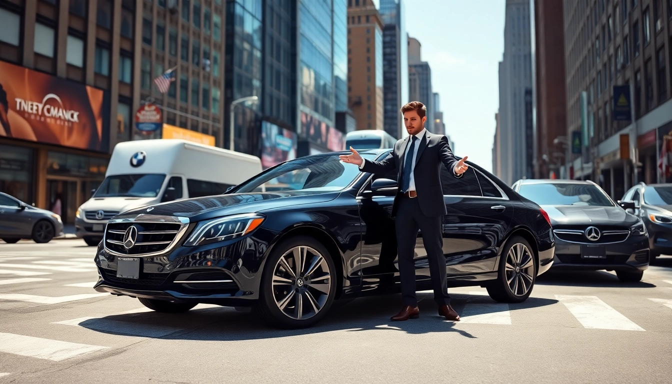 Efficient car service nyc featuring a black sedan and driver in a vibrant New York City setting.