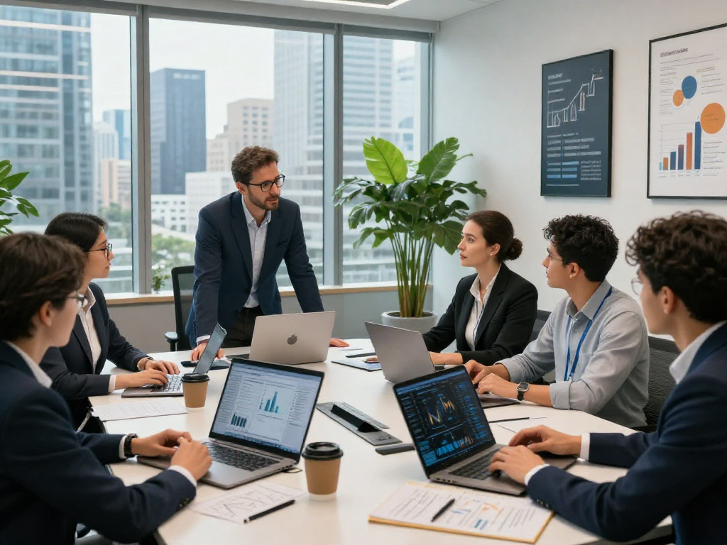 Bardya Ziaian ABC Capital leading a strategic meeting with financial analysts in a modern office.