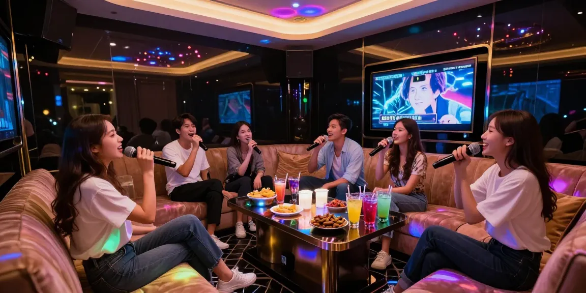 강남 가라오케에서 친구들과 함께 노래를 즐기는 고급스러운 분위기와 화려한 조명이 가득한 룸 모습
