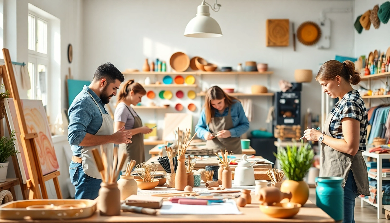 Engaging craft training programs in a vibrant workshop with artisans and colorful materials.