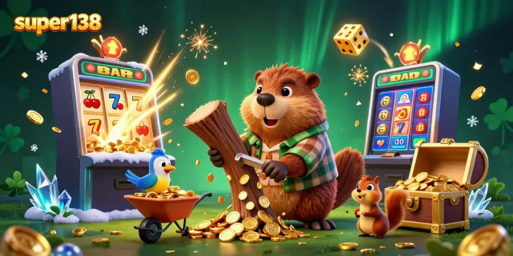 Join the fun with super138 as a beaver, bird, and squirrel celebrate jackpot wins in a vibrant casino scene.