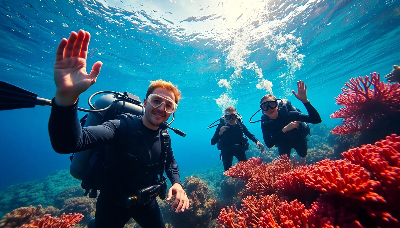 Tauchschule mit professionellem Tauchlehrer, der Schüler unter Wasser trainiert.