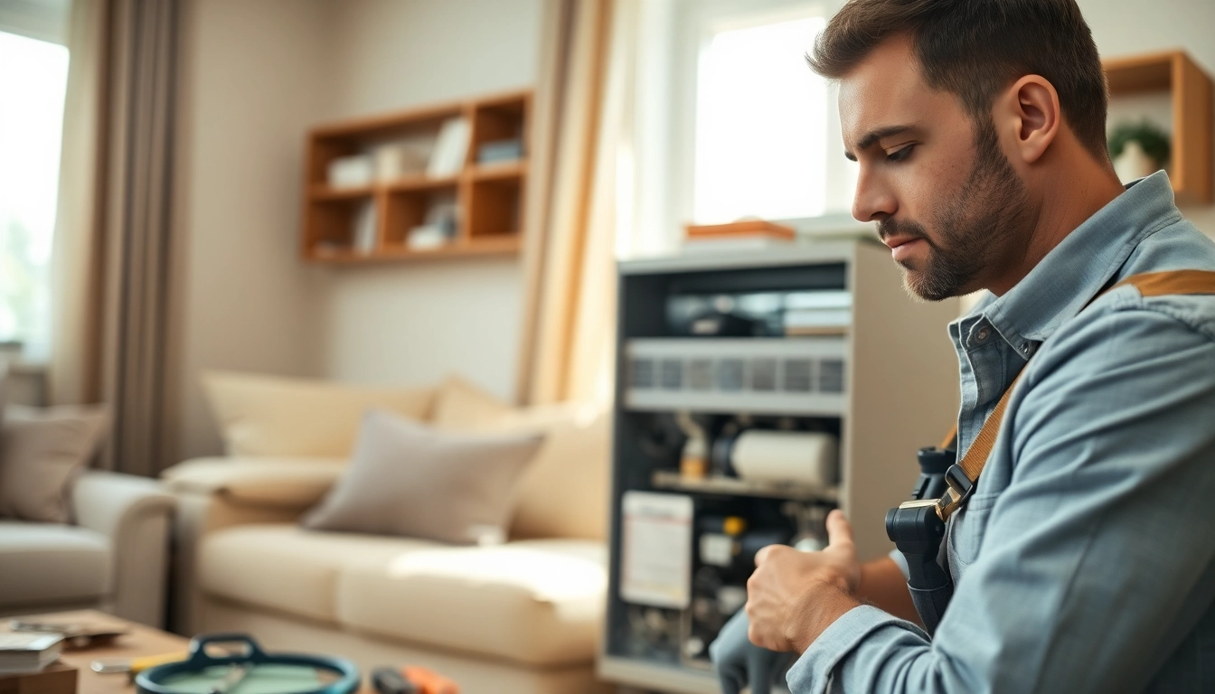 Technician conducting emergency heating repair while meticulously inspecting a furnace in a cozy home