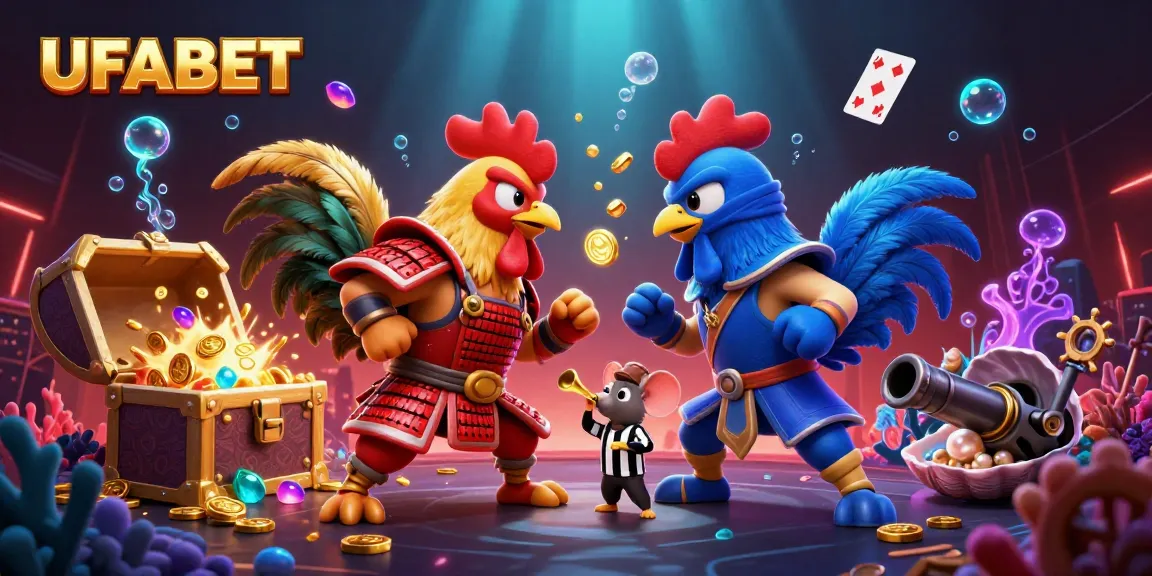 UFABET showcases thrilling rooster fight in a dynamic lashed scene filled with excitement and rich casino symbols.