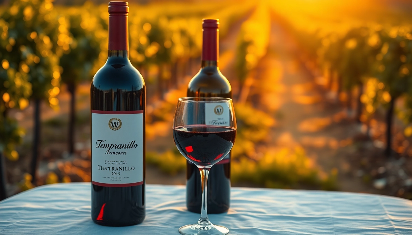 Poured glass of Tempranillo wine beside its bottle in a lush vineyard.