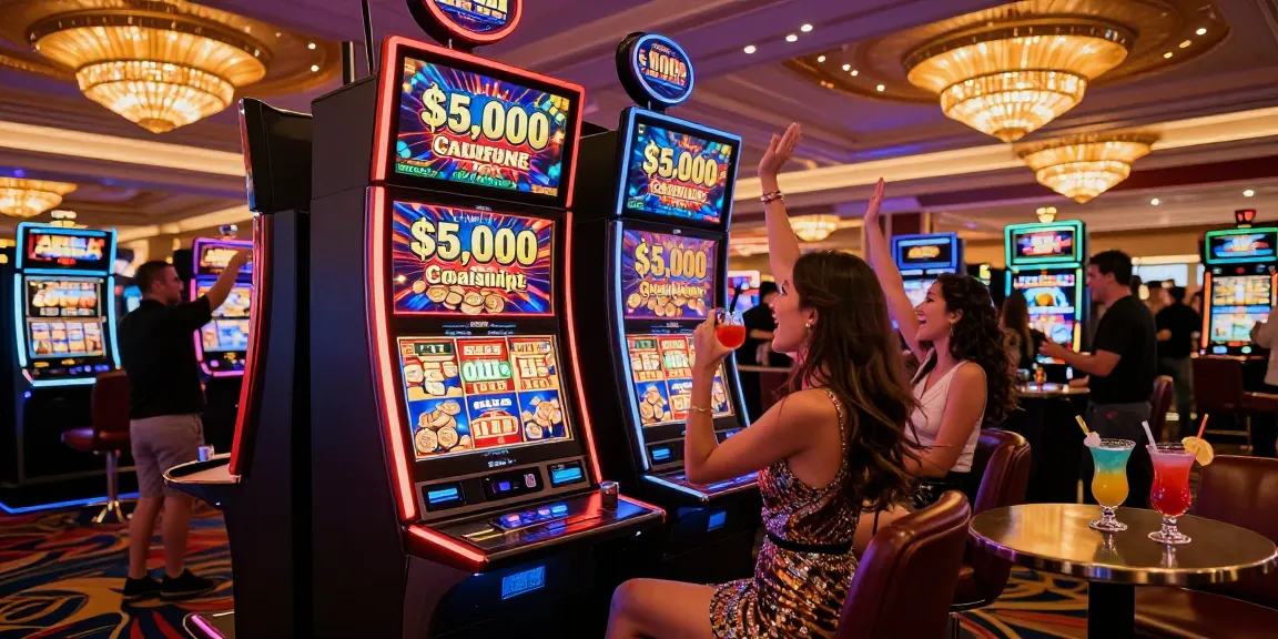 Players celebrating a win on a slot 5000 machine in a Las Vegas casino.