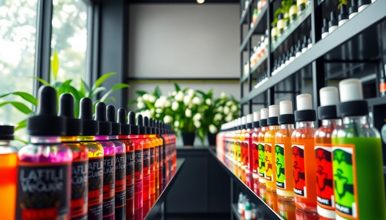 Showcase of colorful vape juice bottles in a modern vape shop setting.