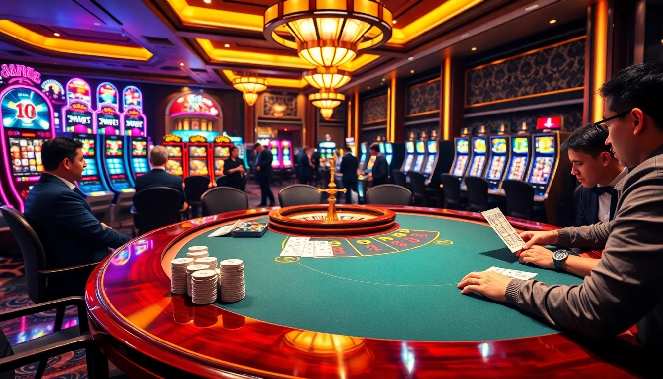 Joueurs en train de stratégiquer autour d'une élégante table de poker dans un cadre luxueux de casino en ligne.