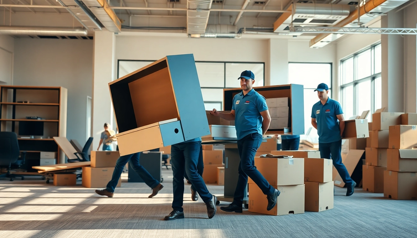 Action-packed scene with business movers efficiently relocating an office setup.