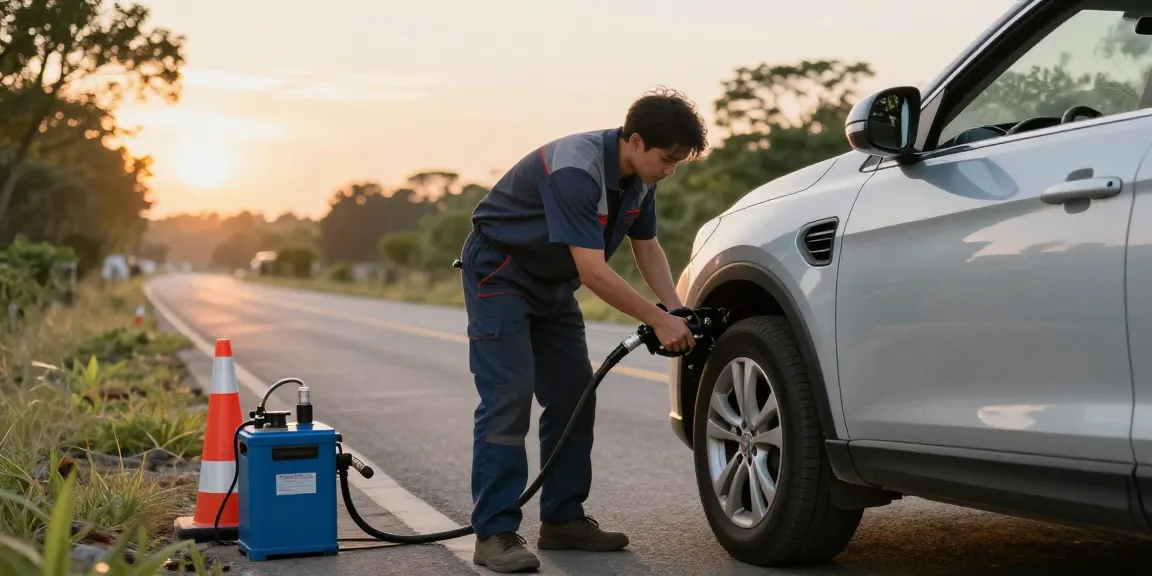 Diesel in petrol car being inspected by a mechanic during roadside fuel recovery service.