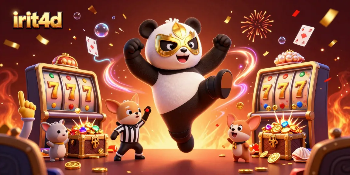 Experience the excitement of irit4d with a panda wrestler and animated casino action, featuring golden slot machines.