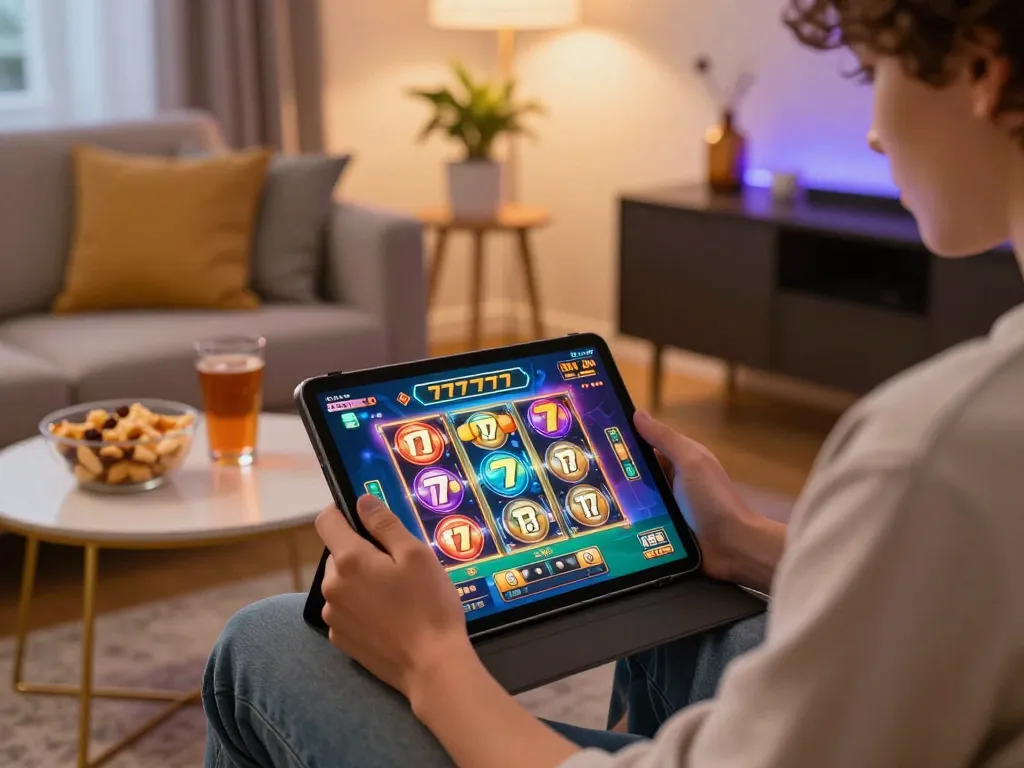 Engaging in slot777 gameplay on a tablet in a cozy home setting for online gambling.