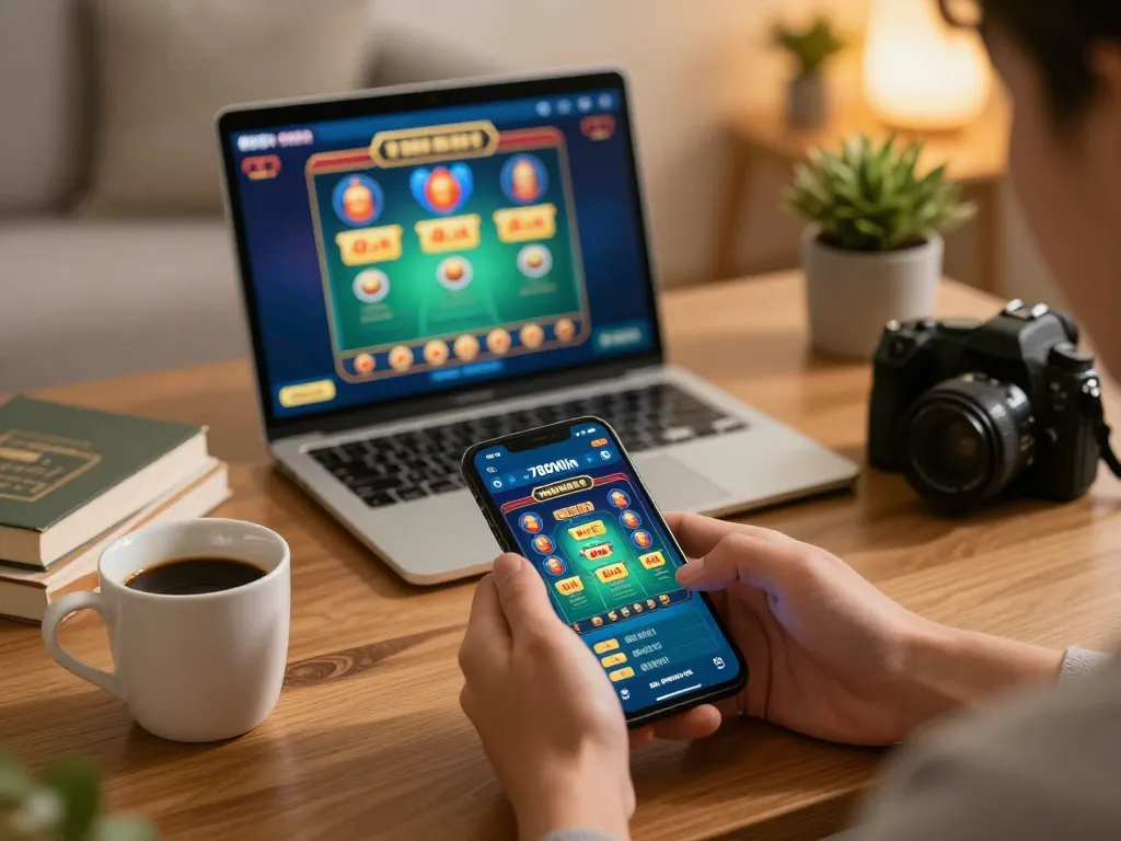 Player engaging with the 789Win app on their smartphone, capturing the excitement of online gambling.