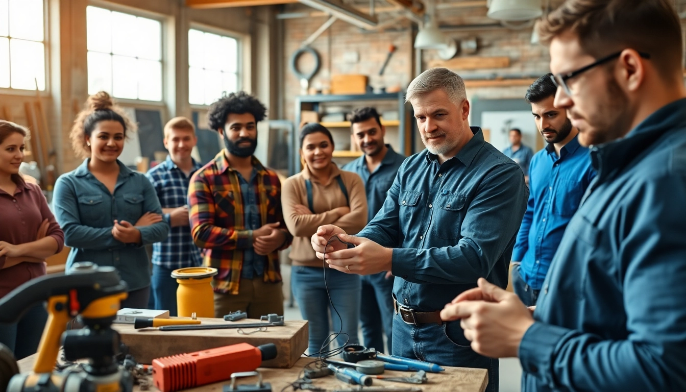 Skilled trades training workshop with students learning electrical skills from an instructor.