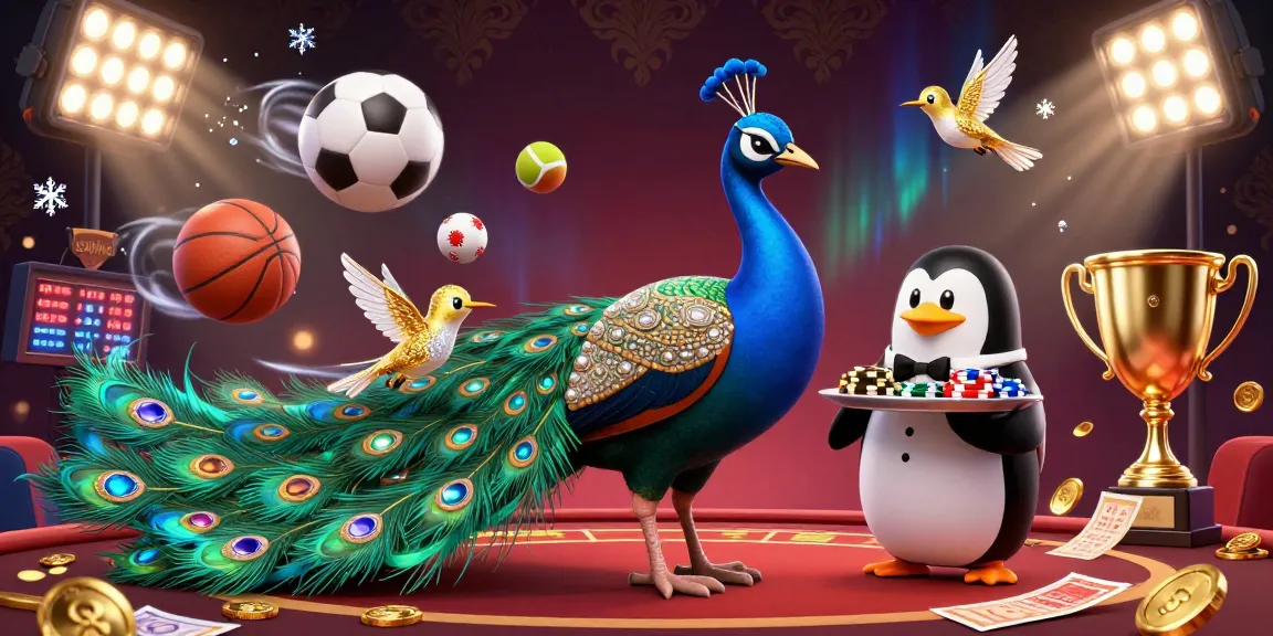 SUNWIN Casino scene showcasing a peacock, penguin, and hummingbird amid gaming elements and vibrant energy.