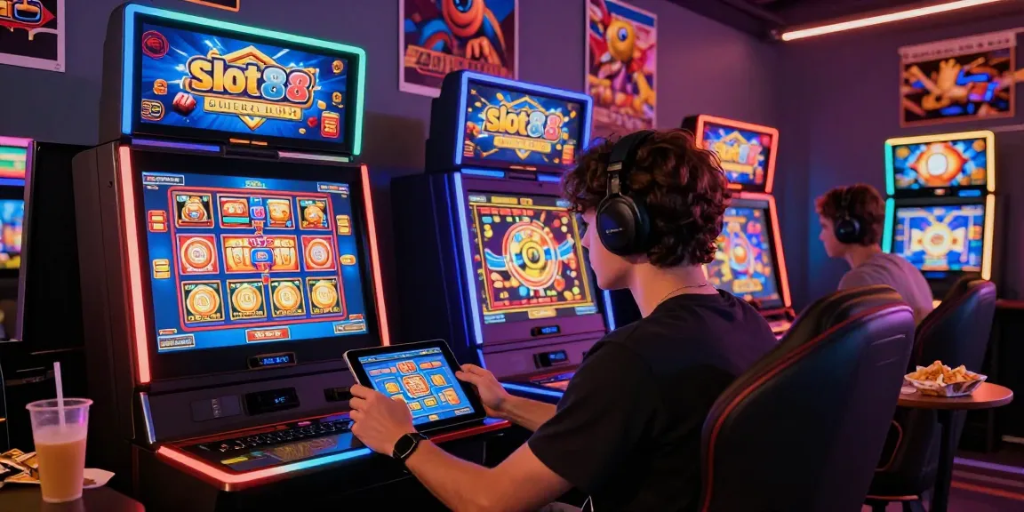 Exciting gaming scene with player focused on slot88 gameplay on tablet, vibrant neon lighting.