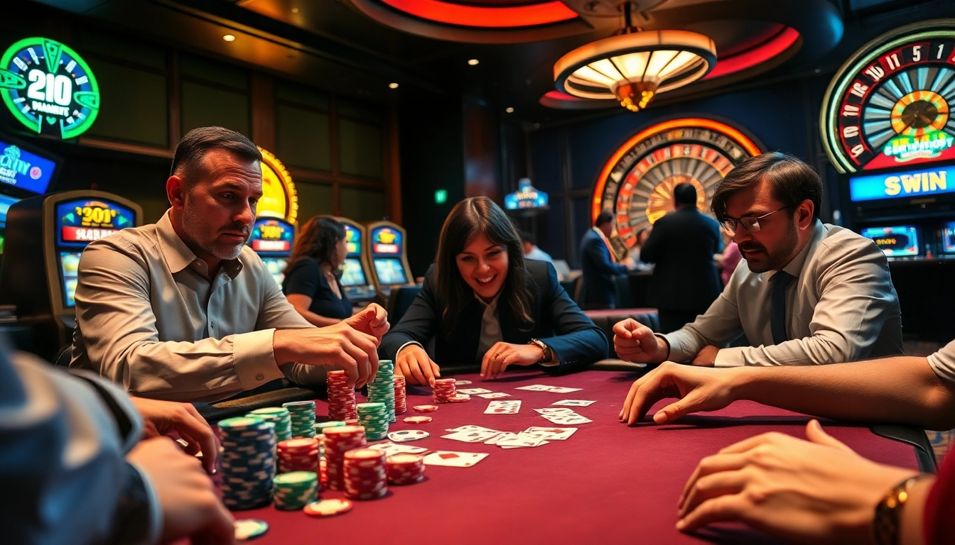 Rasakan sensasi kemenangan Datuk di meja kasino mewah dengan chip poker yang berwarna-warni dan para pemain yang antusias.
