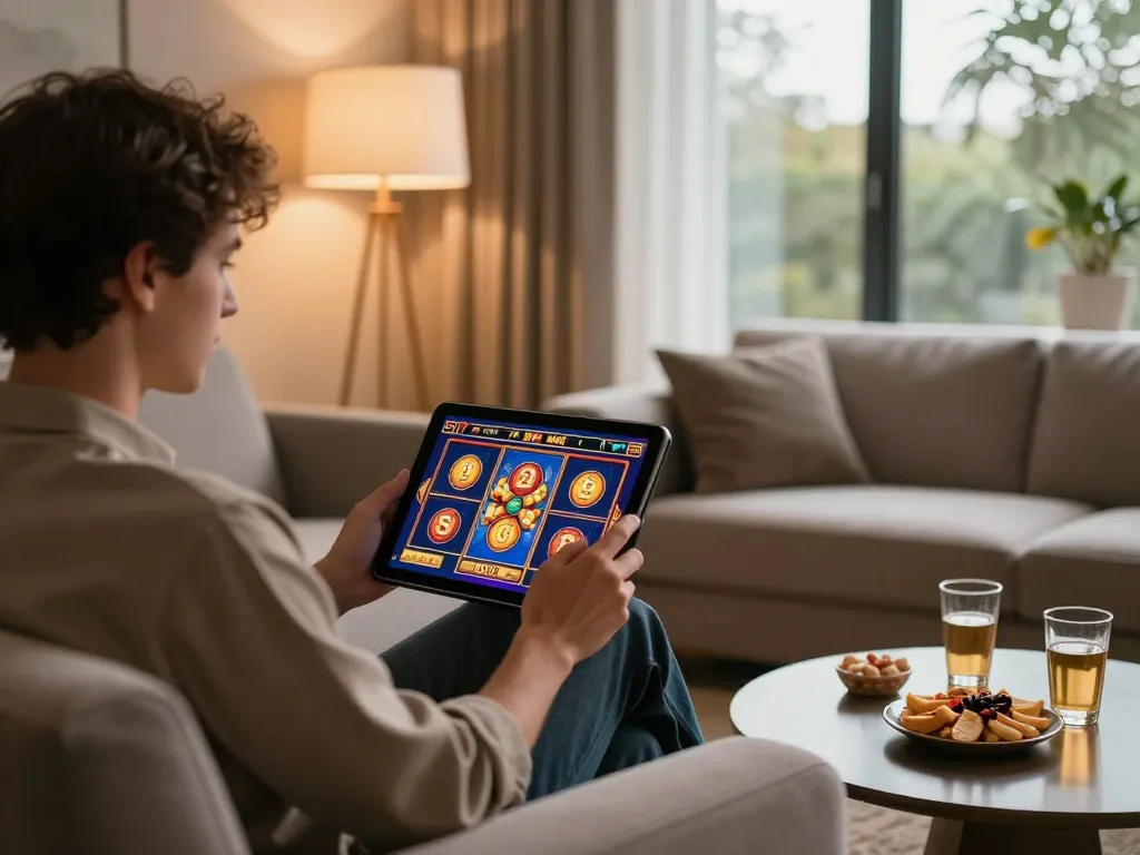 Player enjoys online slots at home with hytw3339a, cozy atmosphere and tablet gameplay.