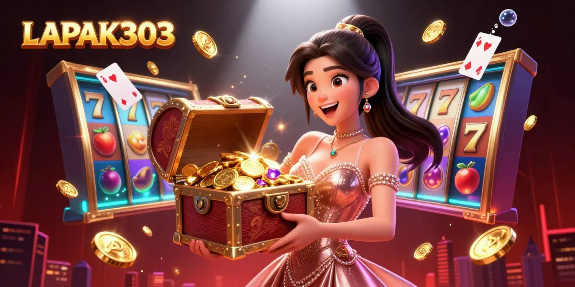 Experience the thrill of winning with LAPAK303; a glamorous illustration showcasing slots, gold coins, and excitement!