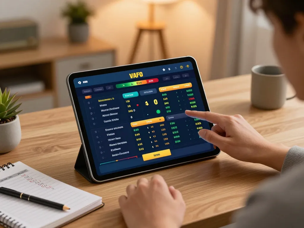 Person analyzing sports betting odds on Cakhiatv tablet in a cozy home office environment.