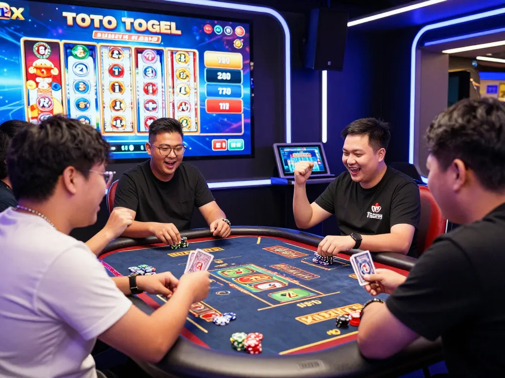 Excited players enjoying bantaitogel at a virtual Toto Togel table, showcasing vibrant digital gaming atmosphere.