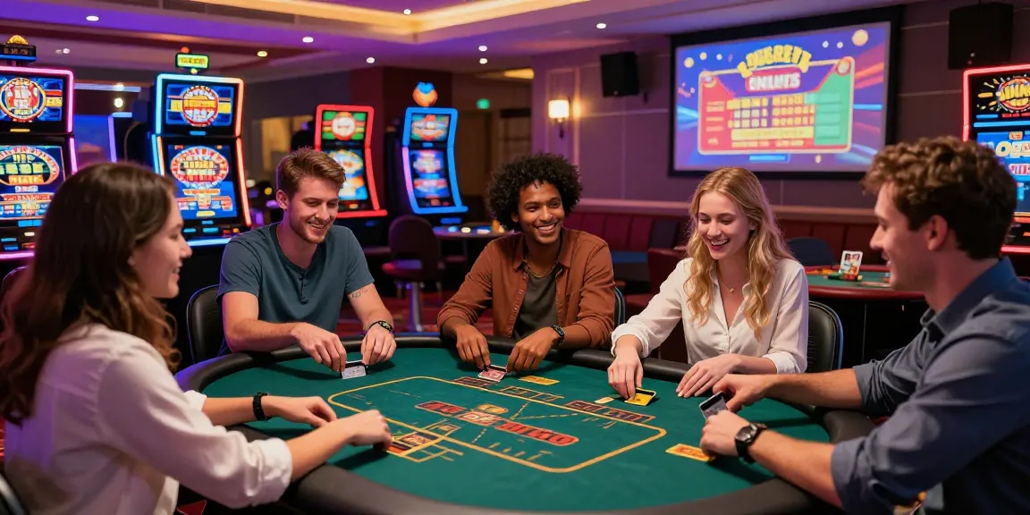 Online gaming experience at https://iis.org.uk featuring friends celebrating wins with credit cards, vibrant casino environment.