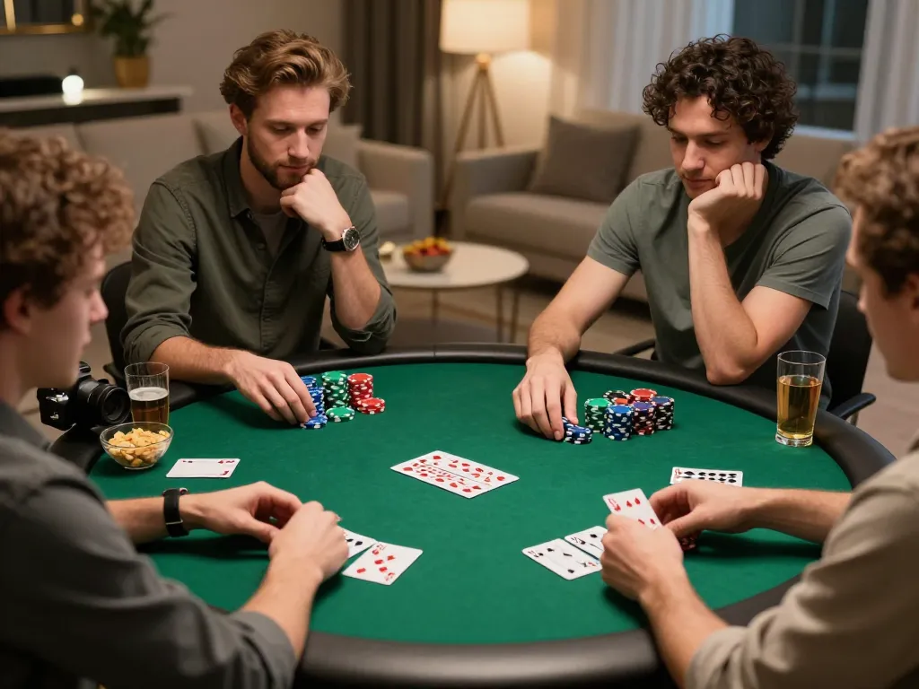 Players strategizing at a home poker game, highlighting kkwin's community vibe and gaming atmosphere.