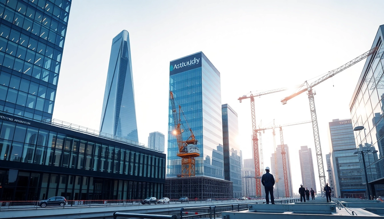 Showcasing an architecture and engineering firm amid city development with modern structures.