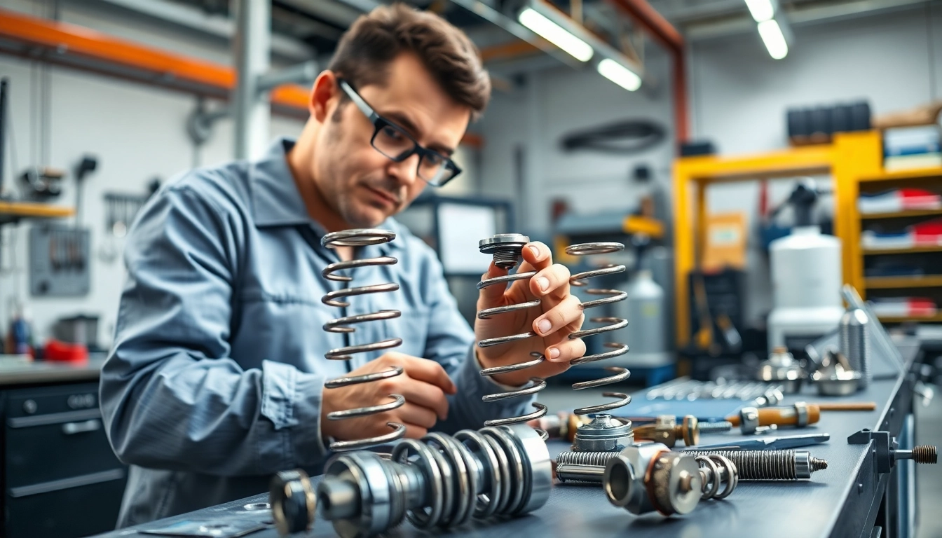 Gas Spring Manufacturer technician inspecting high-quality gas springs in a bright workshop.