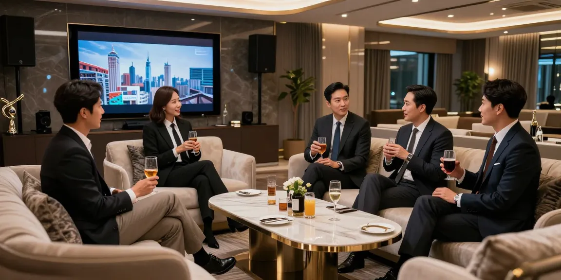 강남쩜오의 고급스러운 라운지에서 고객들이 즐거운 대화를 나누는 모습