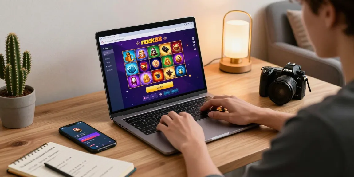Engaging player exploring rokok88 alternatif on a modern laptop in a stylish workspace.