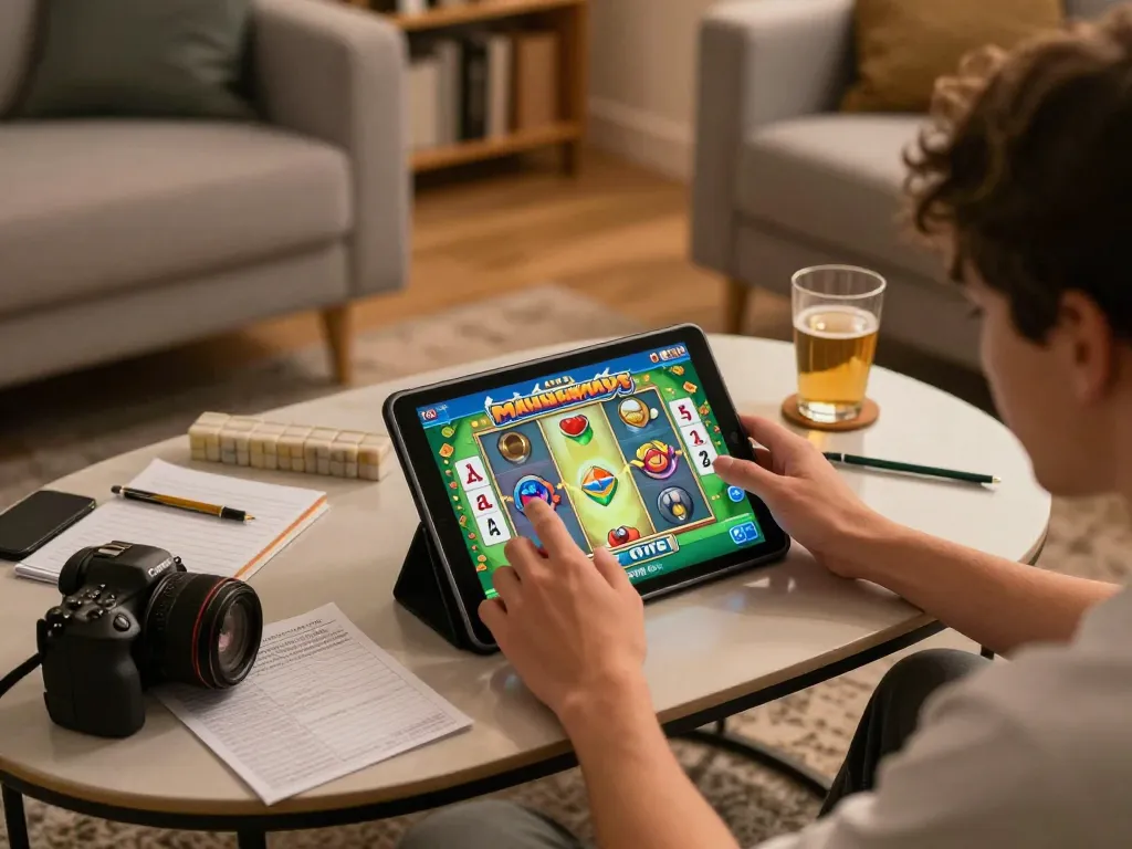 Player spinning Mahjong Ways 2 slot on tablet in cozy home setting, showcasing strategic gaming.