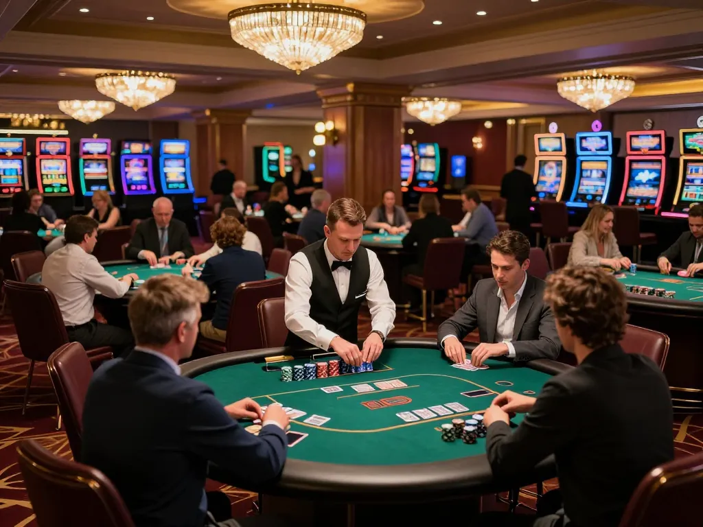 Winstrike69 players engaging in intense strategy moments at a vibrant casino table