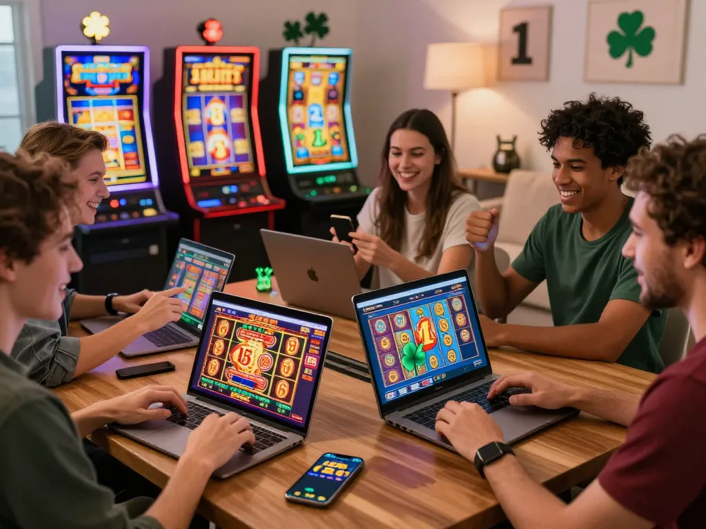 Pemain yang terlibat menikmati slot online laoban188 di lingkungan rumah yang penuh warna.