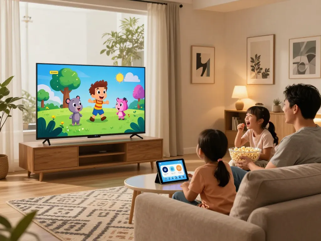 Gezin geniet samen van IPTV tv in een gezellige woonkamer.