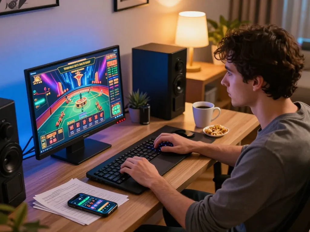 Engaged player strategizing on okwin online casino from a cozy home gaming setup.