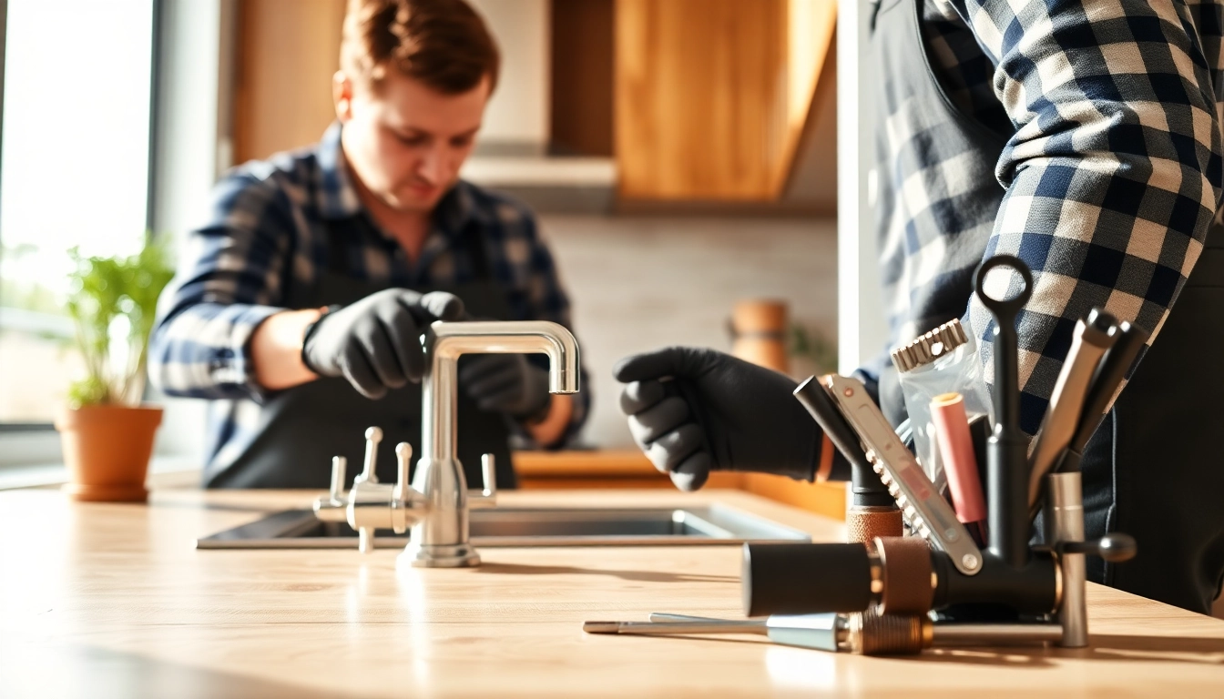 Experienced plumber near me repairing a kitchen faucet in a bright home setting.