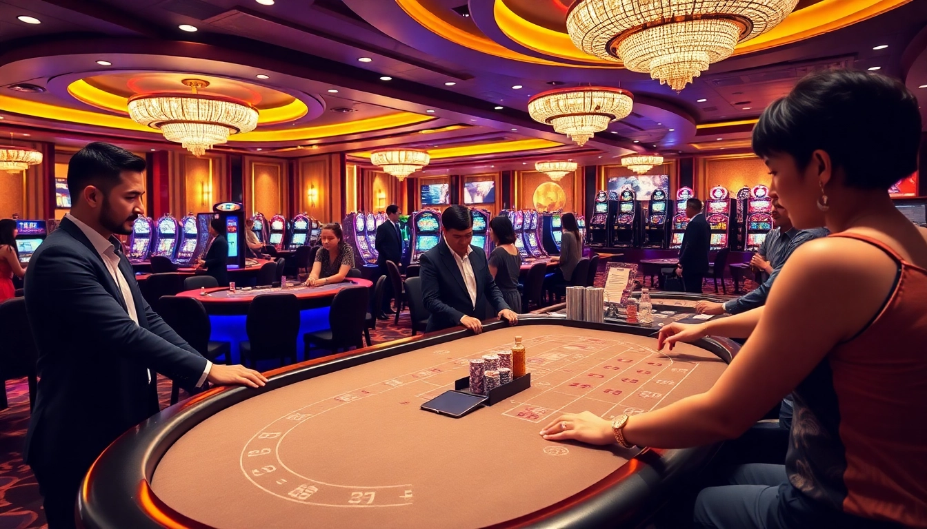 Players enjoying BJ38 online gambling with poker chips and casino tables in a vibrant setting.