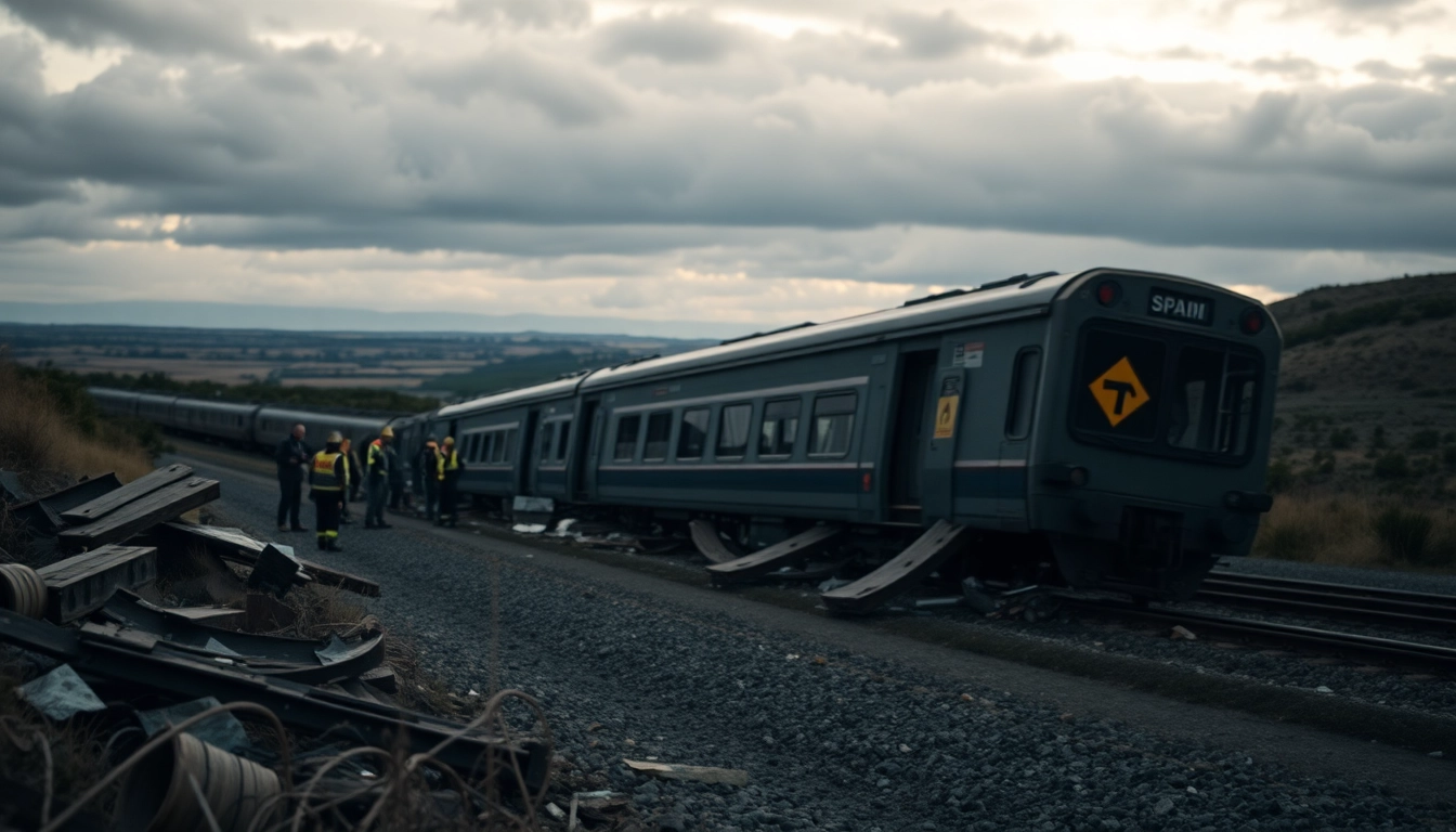 Spain train crash scene showing emergency responders managing the crisis amidst debris.