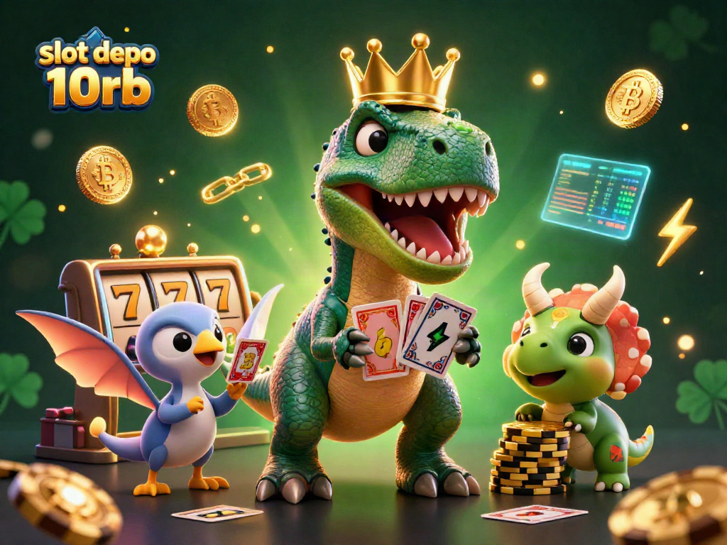 Spin the slot depo 10rb reels with a T-Rex and friends amid glowing cryptocurrency coins.