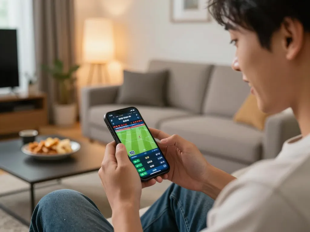 bóng đá lu live betting on smartphone in modern living room setting during a sports event
