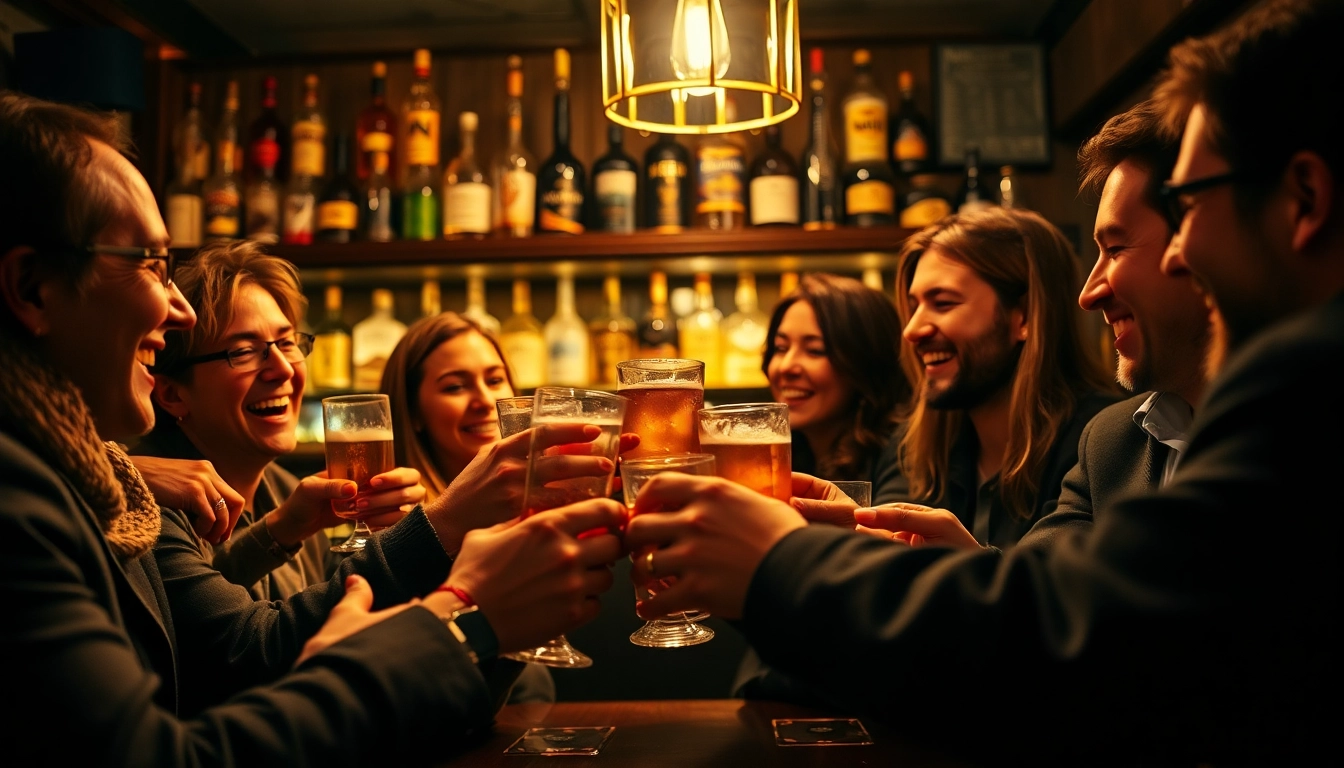 Friends celebrating and enjoying drinks, illustrating why do we say on the lash in a lively pub atmosphere.