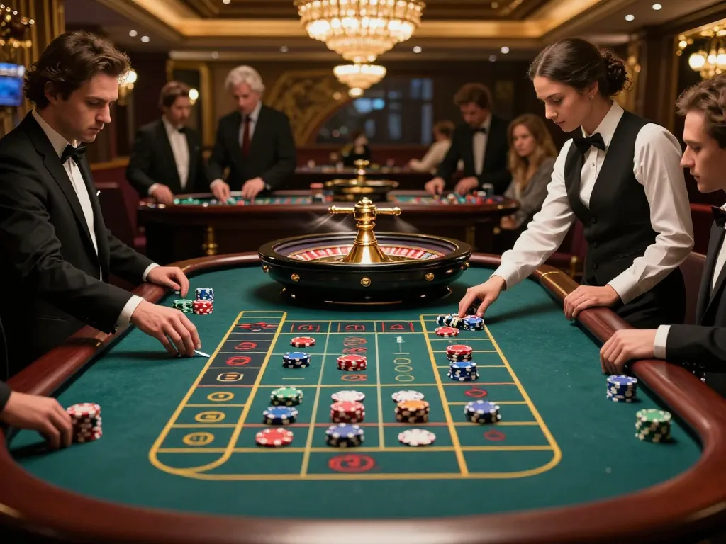 Players engaging in strategic bets at a roulette table in a vibrant casino, showcasing slot gacor action in a luxurious setting.