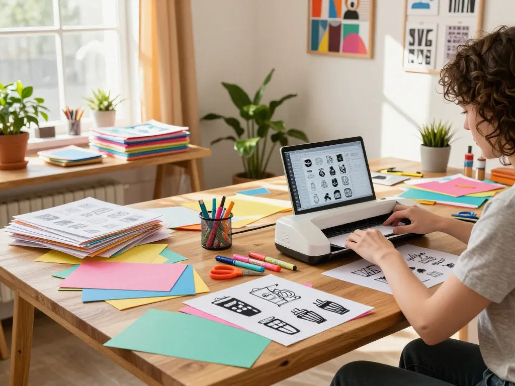 Engaging with an svg bundle in a vibrant craft room filled with colorful materials.