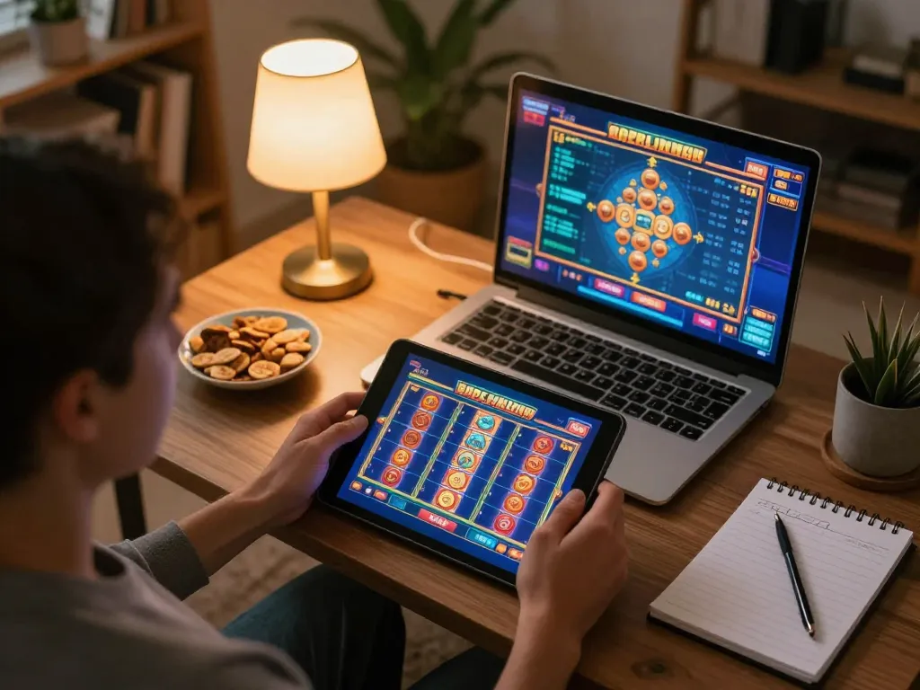 Engaging in Rút Tiền cm88 via tablet at home, showcasing a friendly gaming atmosphere.